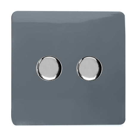 2 Gang 2 Way Dimmer Switch in warm grey with a flat, screwless square plate and two chrome rotary knobs, shown on a plain white background.