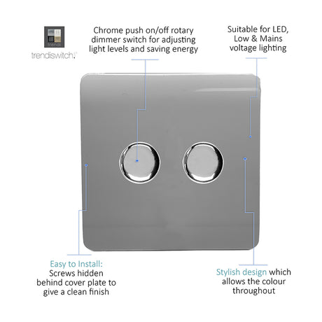 2 Gang 2 Way Dimmer Switch in warm grey with screwless flat plate and two chrome push on/off rotary dials, shown with feature labels on a white background.