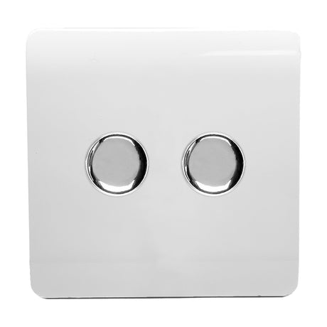 2 Gang 2 Way Dimmer Switch in Ice White with a screwless square plate and two round chrome rotary knobs, shown on a plain white background.