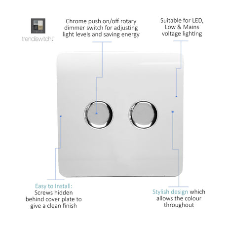 2 Gang 2 Way Dimmer Switch in Ice White with a screwless square plate and two chrome push on/off rotary knobs, shown on a plain white background.