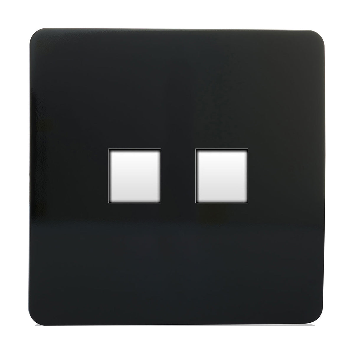 2 Gang Ethernet Socket in piano black, a screwless square plate with two data port cutouts, shown on a plain white background.