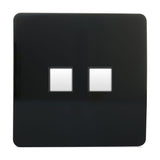 2 Gang Ethernet Socket in piano black, a screwless square plate with two data port cutouts, shown on a plain white background.
