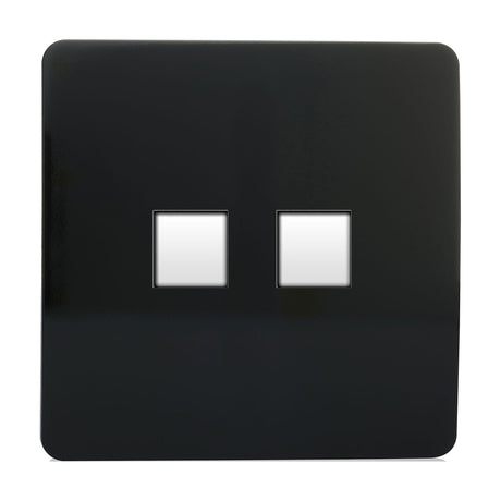2 Gang Ethernet Socket in piano black, a screwless square plate with two data port cutouts, shown on a plain white background.