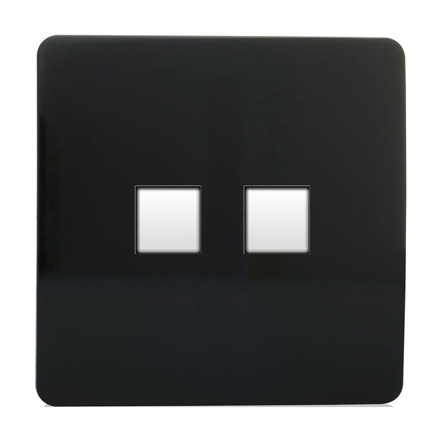 2 Gang Ethernet Socket in piano black, a screwless square plate with two data port cutouts, shown on a plain white background.
