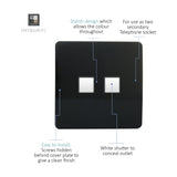 2 Gang Ethernet Socket in piano black with screwless square plate, two white shuttered ports, hidden fixing screws, shown on a white background.