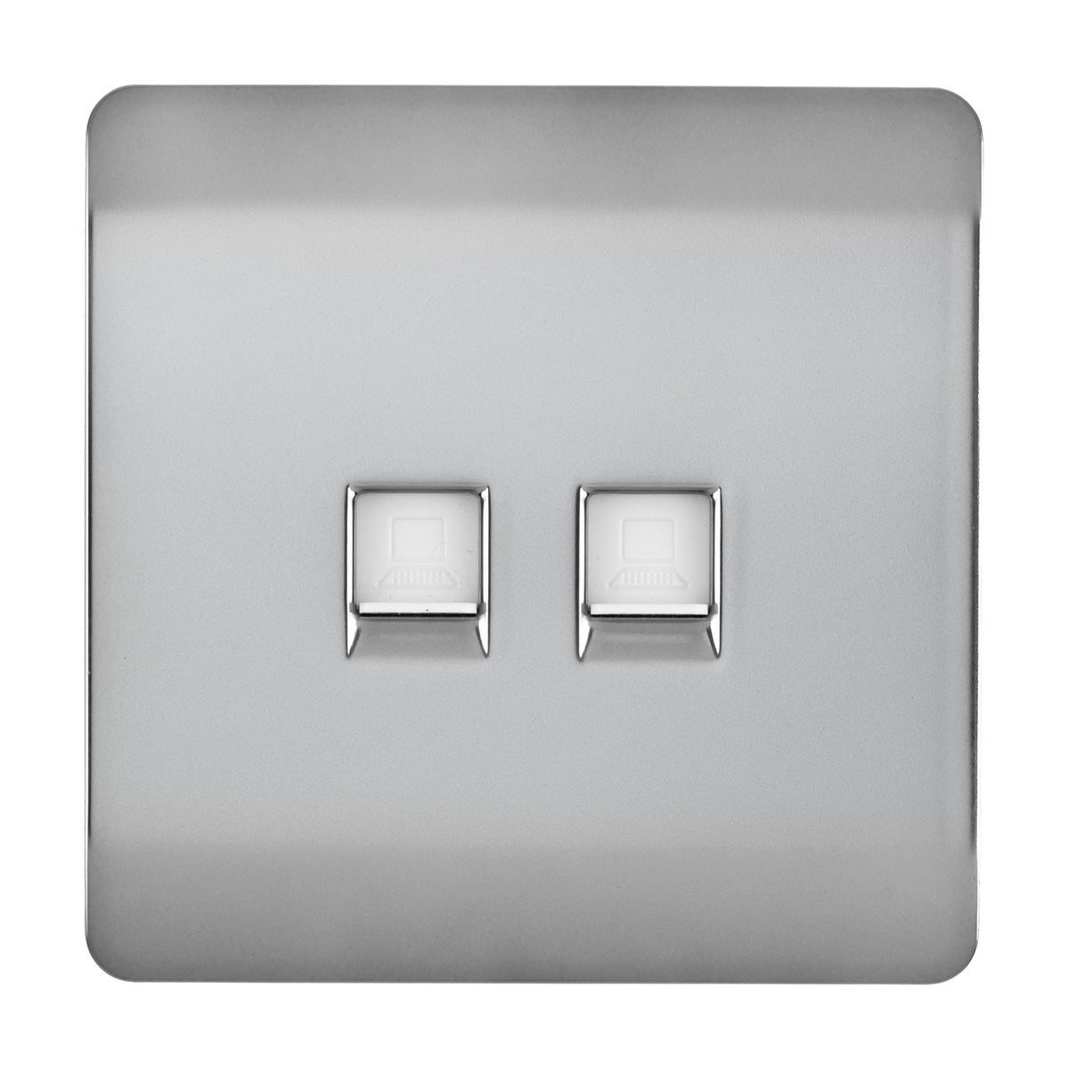 Screwless 2 gang Ethernet socket in brushed steel with two RJ45 data ports on a square flat plate, shown on a plain white background.