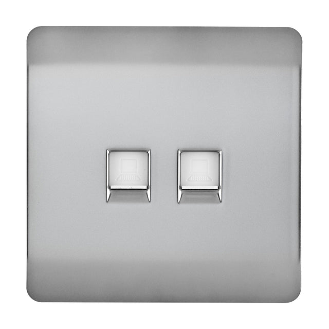 Screwless 2 gang Ethernet socket in brushed steel with two RJ45 data ports on a square flat plate, shown on a plain white background.