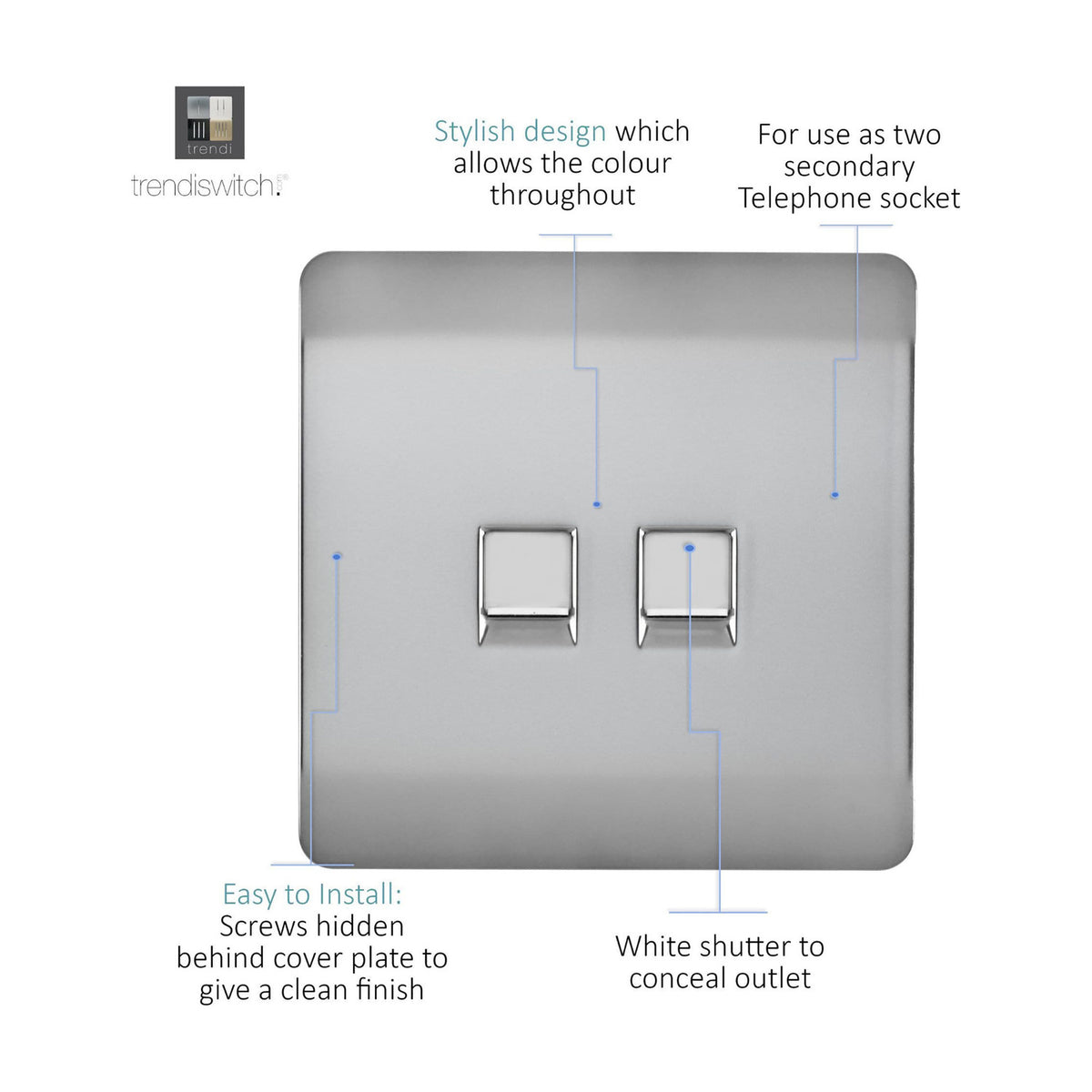 Screwless 2 gang telephone socket in brushed steel with two white shuttered ports on a square flat plate, shown with labelled feature callouts.