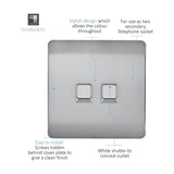 Screwless 2 gang telephone socket in brushed steel with two white shuttered ports on a square flat plate, shown with labelled feature callouts.