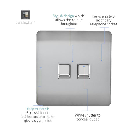 Screwless 2 gang telephone socket in brushed steel with two white shuttered ports on a square flat plate, shown with labelled feature callouts.