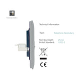 Side view of a 2 gang telephone secondary socket in brushed steel with a screwless flat plate and rear cable module, shown with technical specifications on a white background.