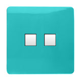 Square screwless 2 gang Ethernet outlet plate in bright teal with two chrome-surrounded RJ45 data ports, shown on a plain white background.