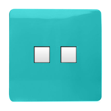 Square screwless 2 gang Ethernet outlet plate in bright teal with two chrome-surrounded RJ45 data ports, shown on a plain white background.