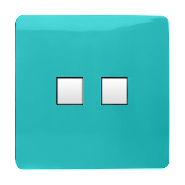 Square screwless 2 gang Ethernet outlet plate in bright teal with two chrome-surrounded RJ45 data ports, shown on a plain white background.