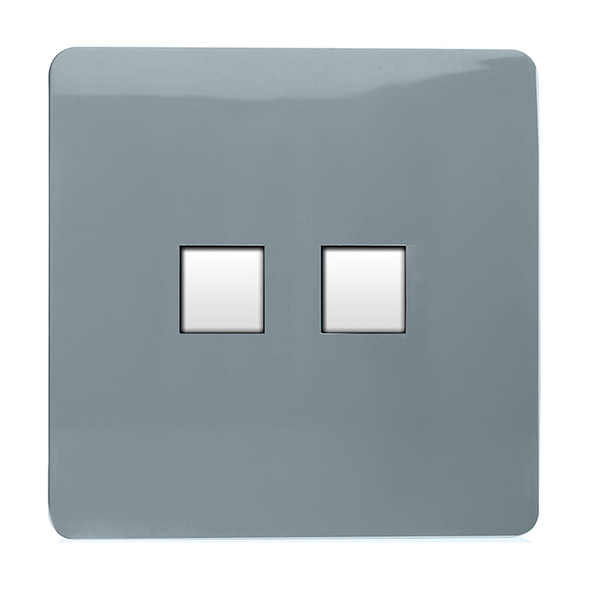 2 Gang Ethernet Socket in cool grey with a flat-fronted, screwless polycarbonate plate and two square white data ports, shown on a plain white background.