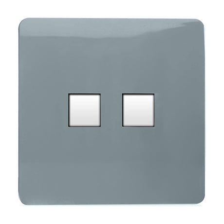 2 Gang Ethernet Socket in cool grey with a flat-fronted, screwless polycarbonate plate and two square white data ports, shown on a plain white background.