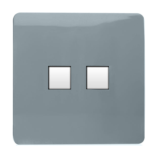 2 Gang Ethernet Socket in cool grey with a flat-fronted, screwless polycarbonate plate and two square white data ports, shown on a plain white background.
