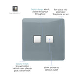 2 Gang Ethernet Socket in cool grey with a screwless flat-fronted plate, hidden fixing screws, and two white shuttered data outlets, shown with feature callouts on a white background.