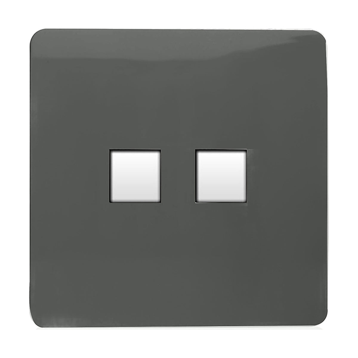 2 Gang Ethernet Socket in charcoal with a flat screwless plate and two square white Cat5/Cat6 data ports side by side, shown on a plain white background.