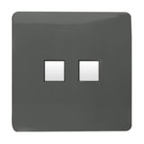 2 Gang Ethernet Socket in charcoal with a flat screwless plate and two square white Cat5/Cat6 data ports side by side, shown on a plain white background.