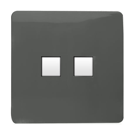 2 Gang Ethernet Socket in charcoal with a flat screwless plate and two square white Cat5/Cat6 data ports side by side, shown on a plain white background.