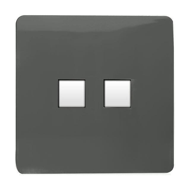2 Gang Ethernet Socket in charcoal with a flat screwless plate and two square white Cat5/Cat6 data ports side by side, shown on a plain white background.