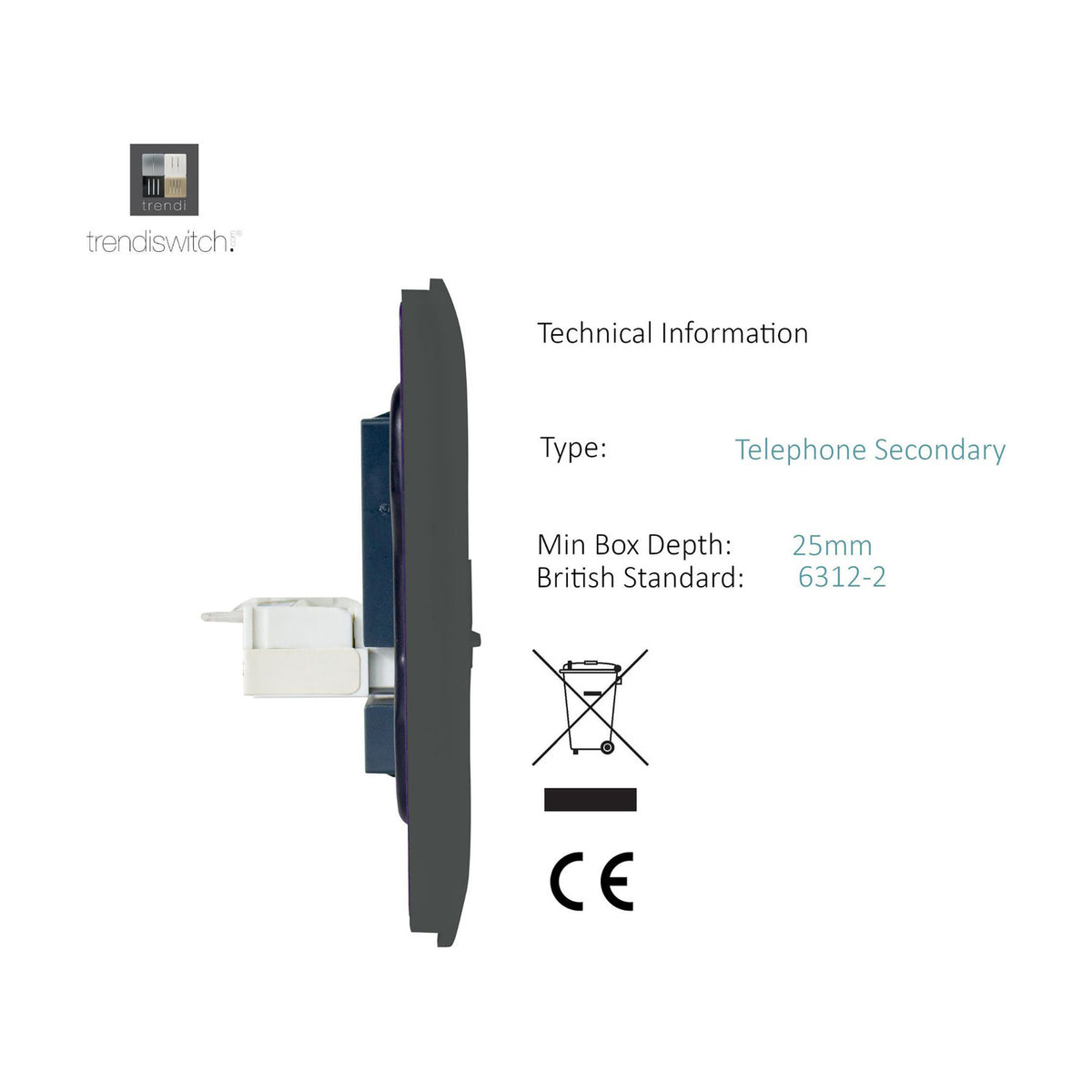 Side profile view of the 2 Gang Ethernet Socket in charcoal, showing the screwless flat plate depth, internal wiring terminals and white cable connector on a plain background.