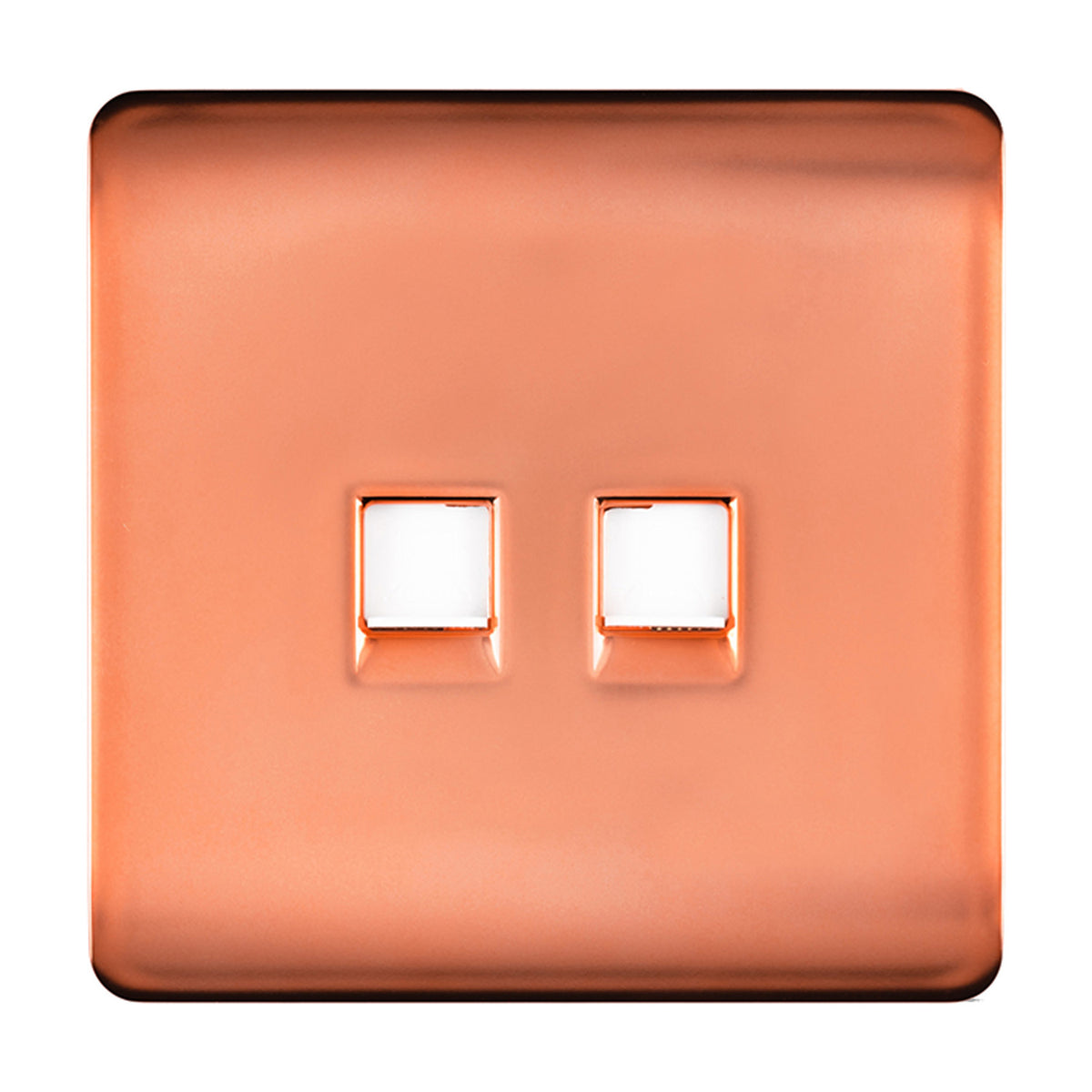 2 Gang Ethernet Socket in copper, screwless square plate with two data ports, standard 88mm size, shown on a plain white background.