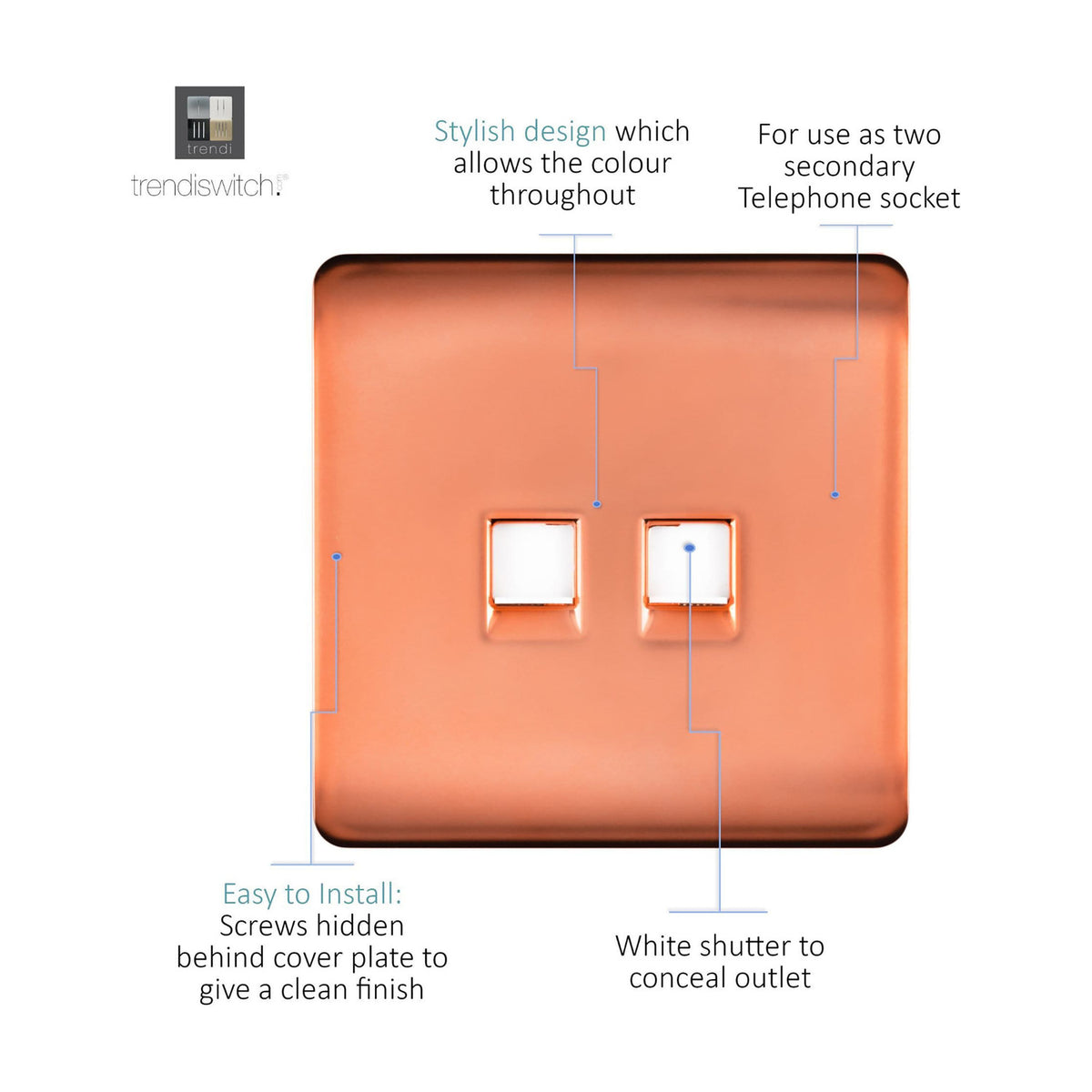 Square copper 2 gang ethernet socket with white shutters over two RJ45 data ports, screwless plate design shown with feature callouts on white background.