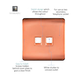 Square copper 2 gang ethernet socket with white shutters over two RJ45 data ports, screwless plate design shown with feature callouts on white background.