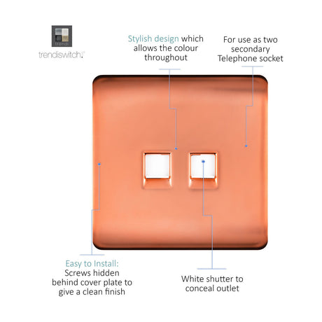 Square copper 2 gang ethernet socket with white shutters over two RJ45 data ports, screwless plate design shown with feature callouts on white background.