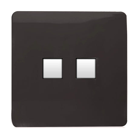 Dark brown 2 gang ethernet socket with screwless square plate and two white network data ports, shown on a plain white background.