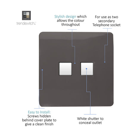 Dark brown 2 gang ethernet socket with screwless square plate and two white shuttered RJ45 ports, shown with labelled feature callouts on a white background.