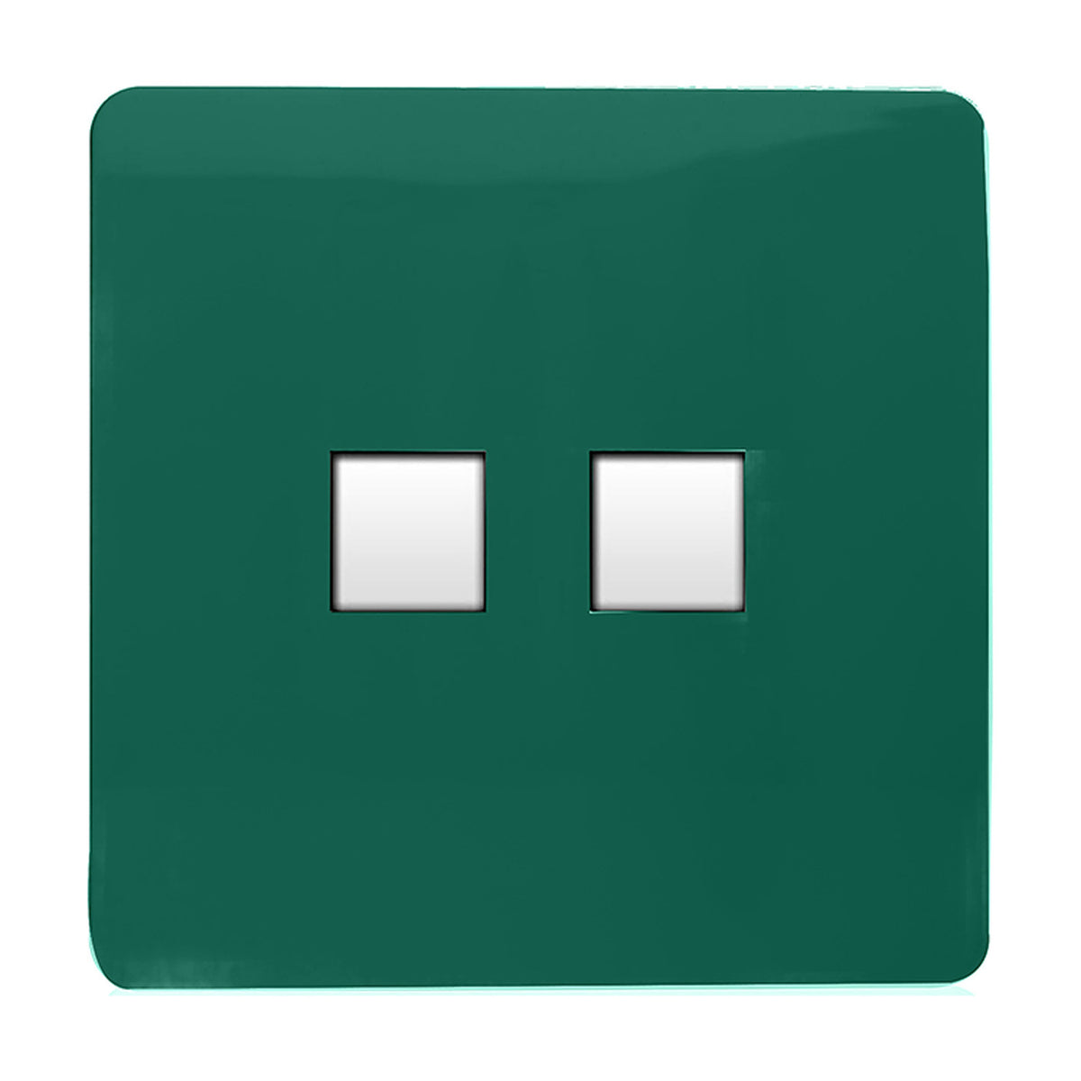 2 Gang Ethernet Socket in dark green, screwless flat plate with two square white data ports, shown on a plain white background.