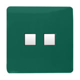 2 Gang Ethernet Socket in dark green, screwless flat plate with two square white data ports, shown on a plain white background.