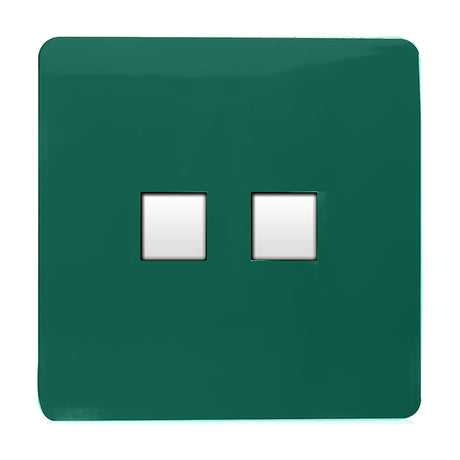 2 Gang Ethernet Socket in dark green, screwless flat plate with two square white data ports, shown on a plain white background.