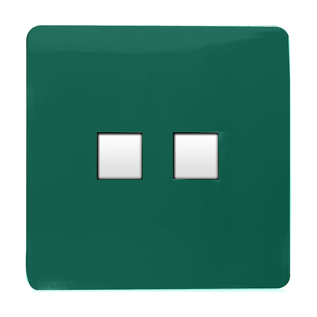 2 Gang Ethernet Socket in dark green, screwless flat plate with two square white data ports, shown on a plain white background.