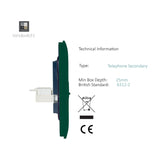 Side view of a 2 Gang Ethernet Socket in dark green, showing screwless plate depth and internal white connector, with technical specifications on a white background.