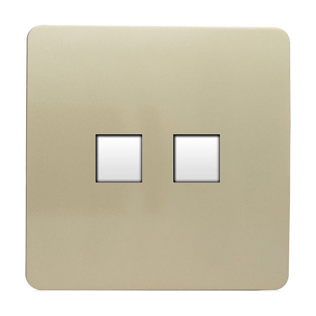 2 Gang Ethernet Socket in champagne gold with a flat screwless plate and two square white data ports, shown on a plain white background.