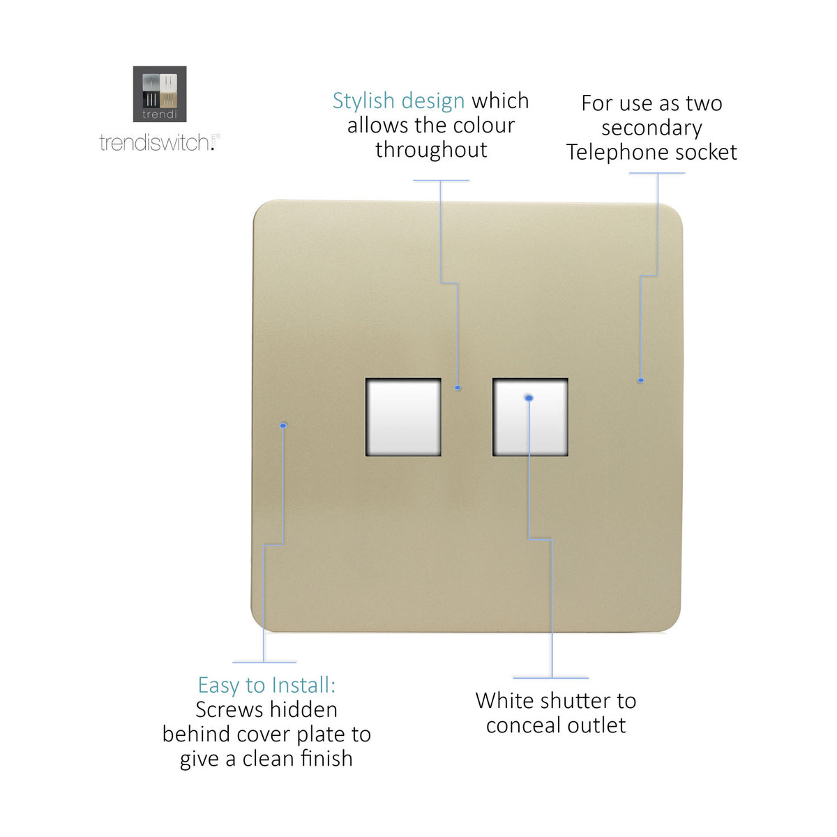 Screwless flat plate 2 gang ethernet socket in champagne gold with two white shuttered RJ45 ports, shown with labelled feature callouts on a white background.