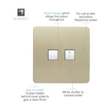Screwless flat plate 2 gang ethernet socket in champagne gold with two white shuttered RJ45 ports, shown with labelled feature callouts on a white background.