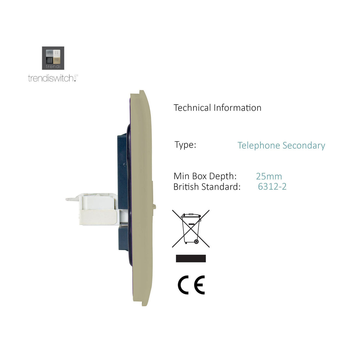 Side profile of the 2 Gang Ethernet Socket in champagne gold, showing screwless flat plate depth with internal wiring module and cable connector, set against a white background.