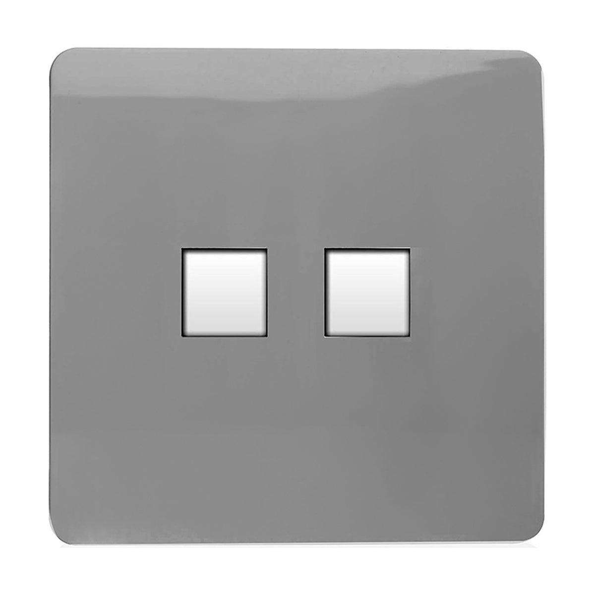 2 Gang Ethernet Socket in light grey with a flat screwless faceplate and two square white ports, shown on a plain background.