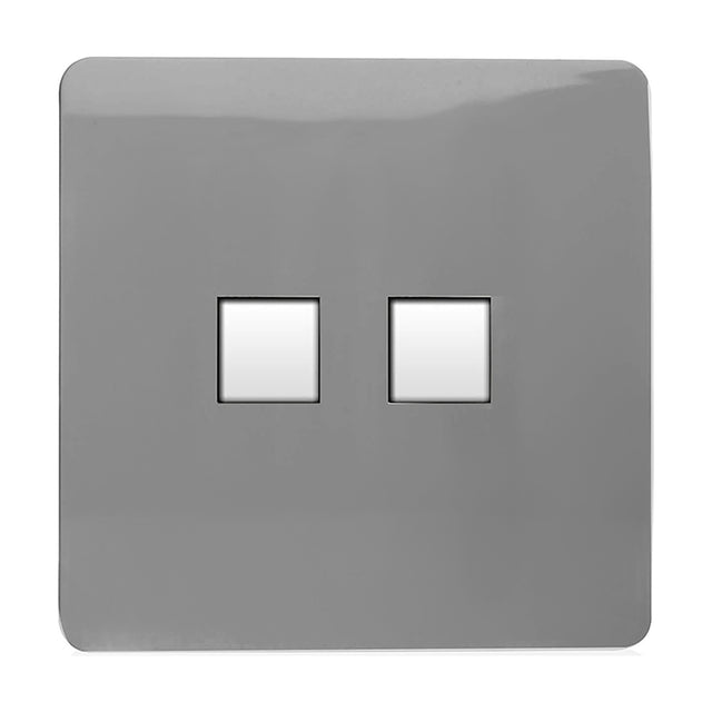 2 Gang Ethernet Socket in light grey with a flat screwless faceplate and two square white ports, shown on a plain background.