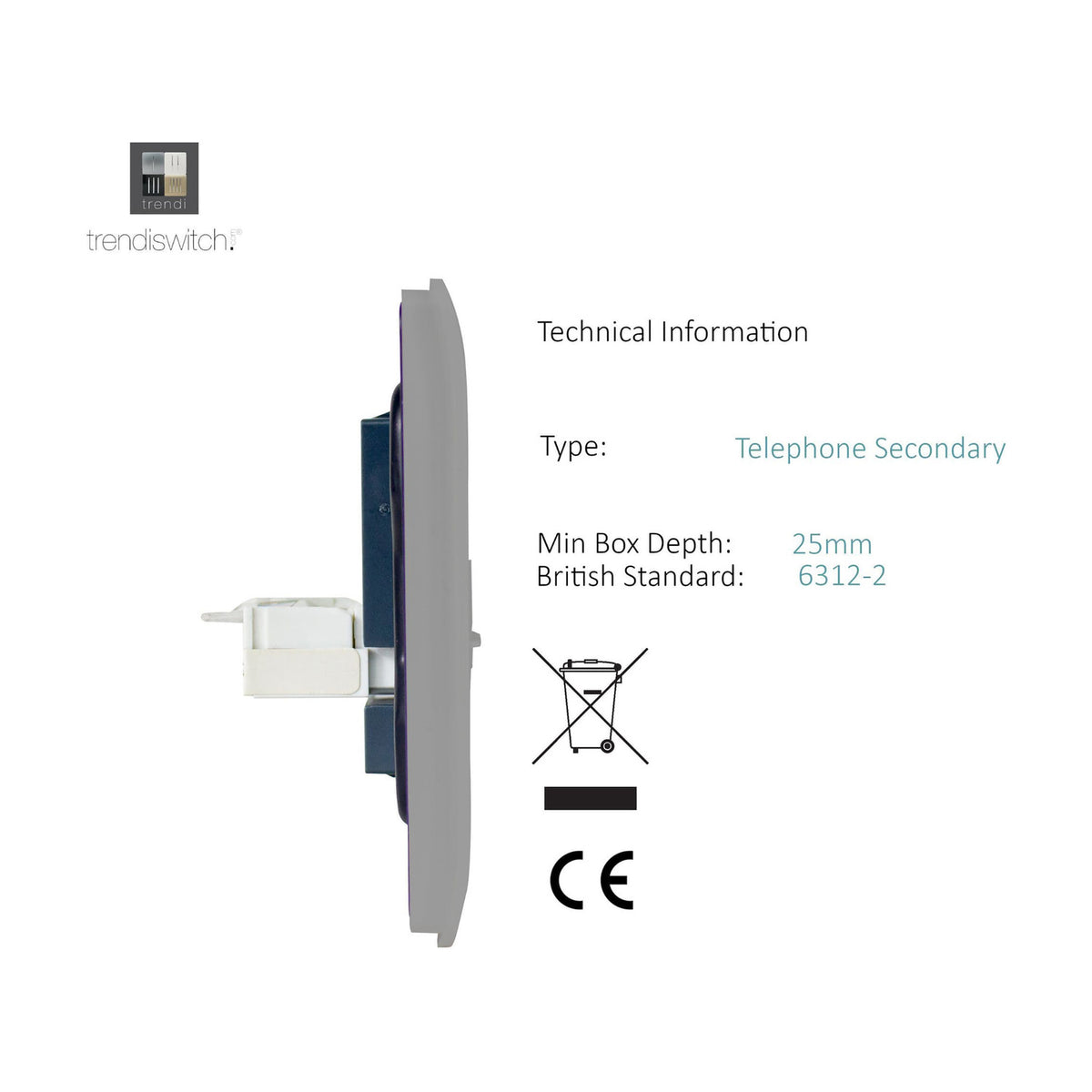 Side view of the 2 Gang Ethernet Socket in light grey showing screwless flat plate depth, metal mounting bracket and rear terminal housing on a white background.