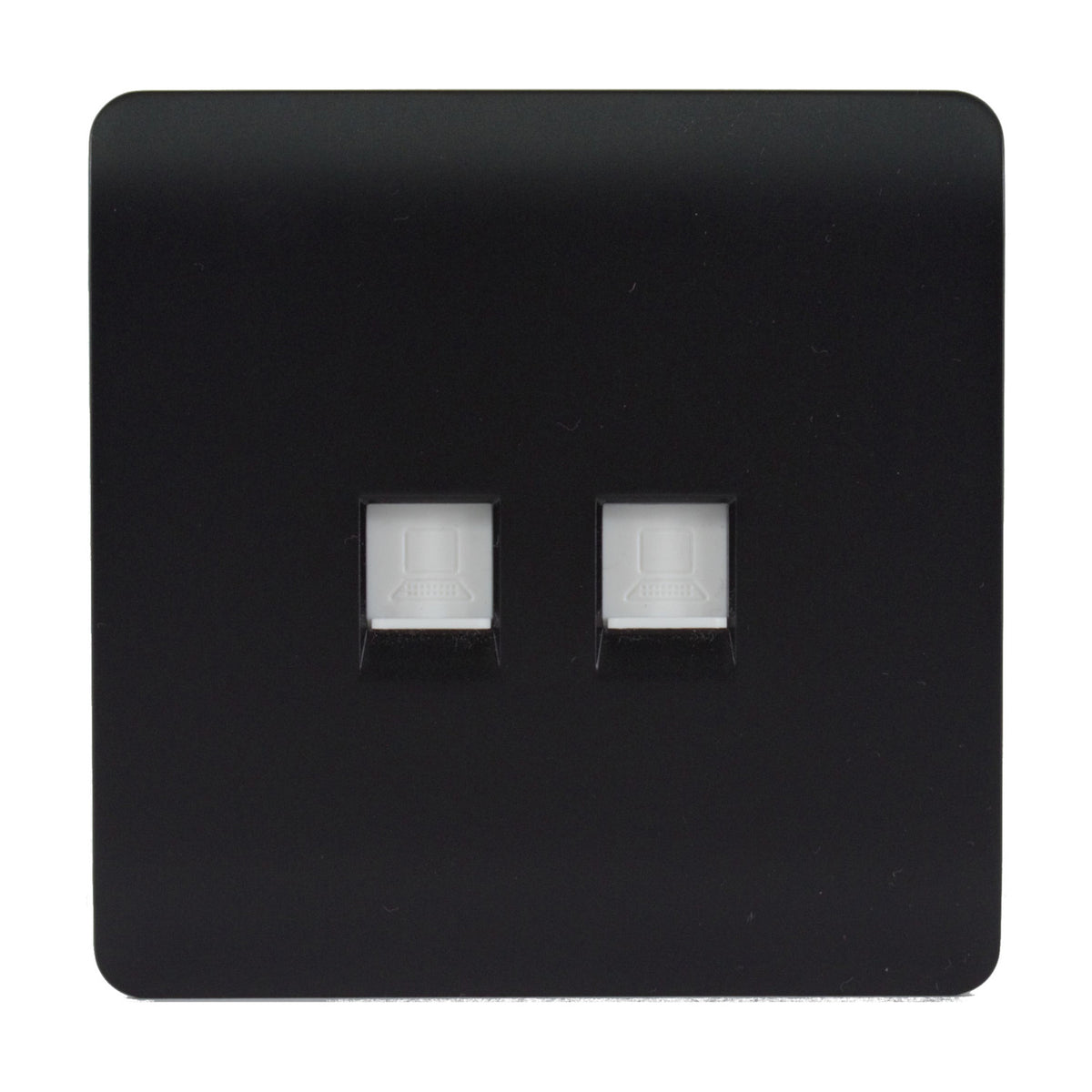 Square 2 gang ethernet socket in matt black with a screwless plate, featuring two RJ45 data ports side by side, shown on a plain white background.