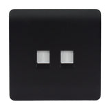 Square 2 gang ethernet socket in matt black with a screwless plate, featuring two RJ45 data ports side by side, shown on a plain white background.