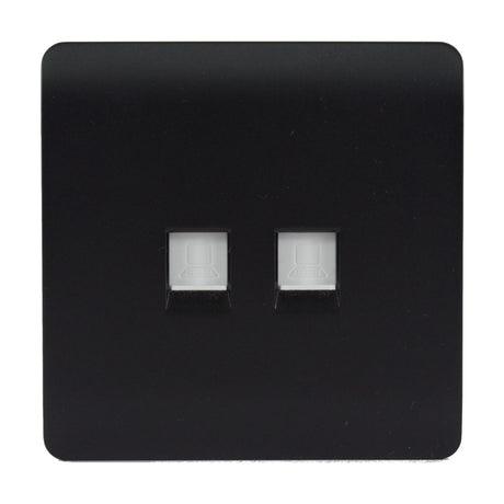 Square 2 gang ethernet socket in matt black with a screwless plate, featuring two RJ45 data ports side by side, shown on a plain white background.