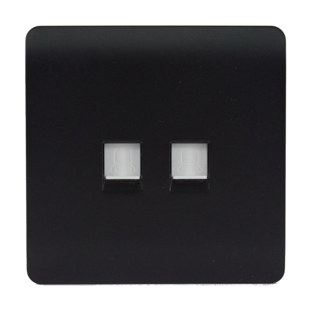 Square 2 gang ethernet socket in matt black with a screwless plate, featuring two RJ45 data ports side by side, shown on a plain white background.