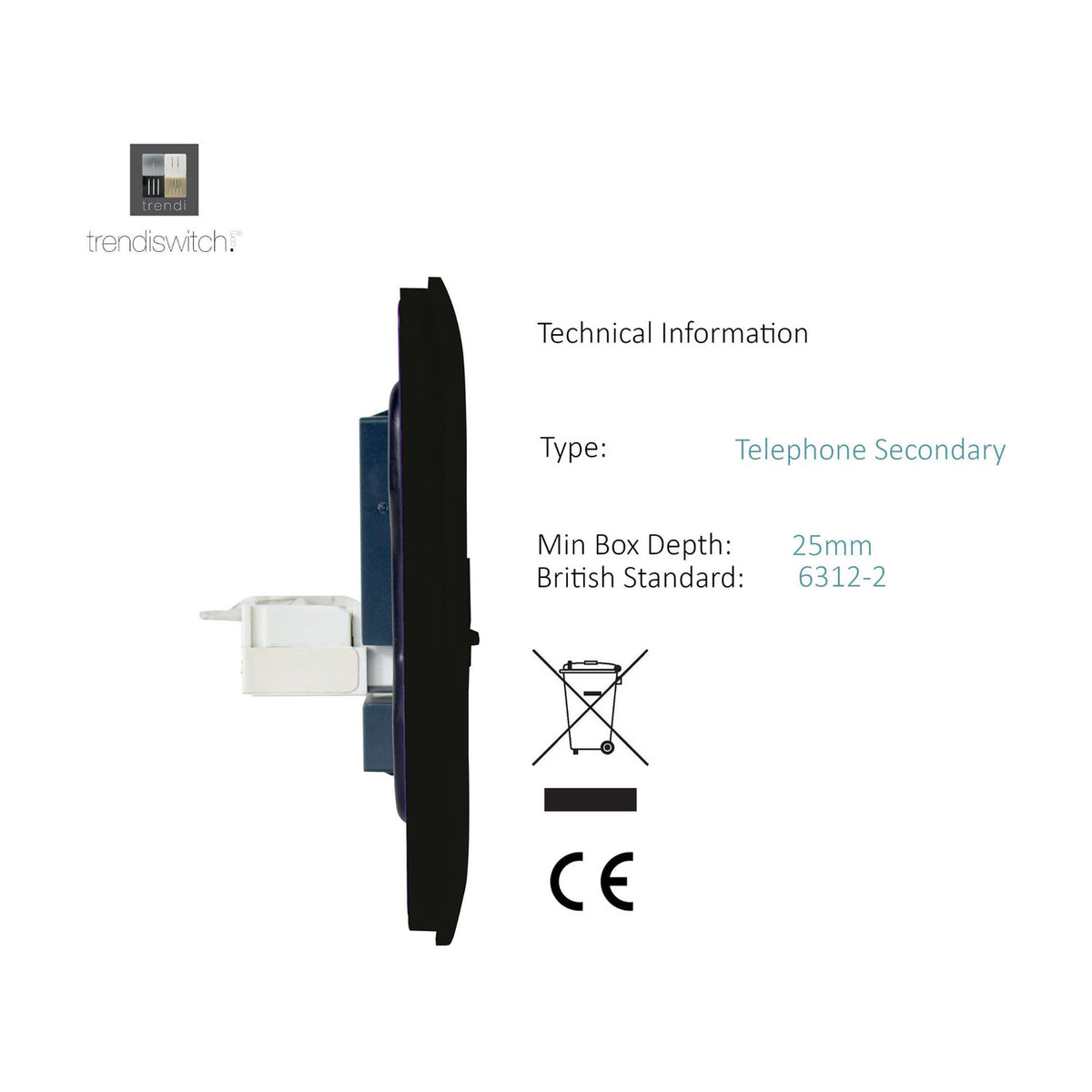 Side profile of the matt black 2 gang telephone secondary socket showing screwless plate depth, rear terminal block, and white cable connector, with specifications listed.